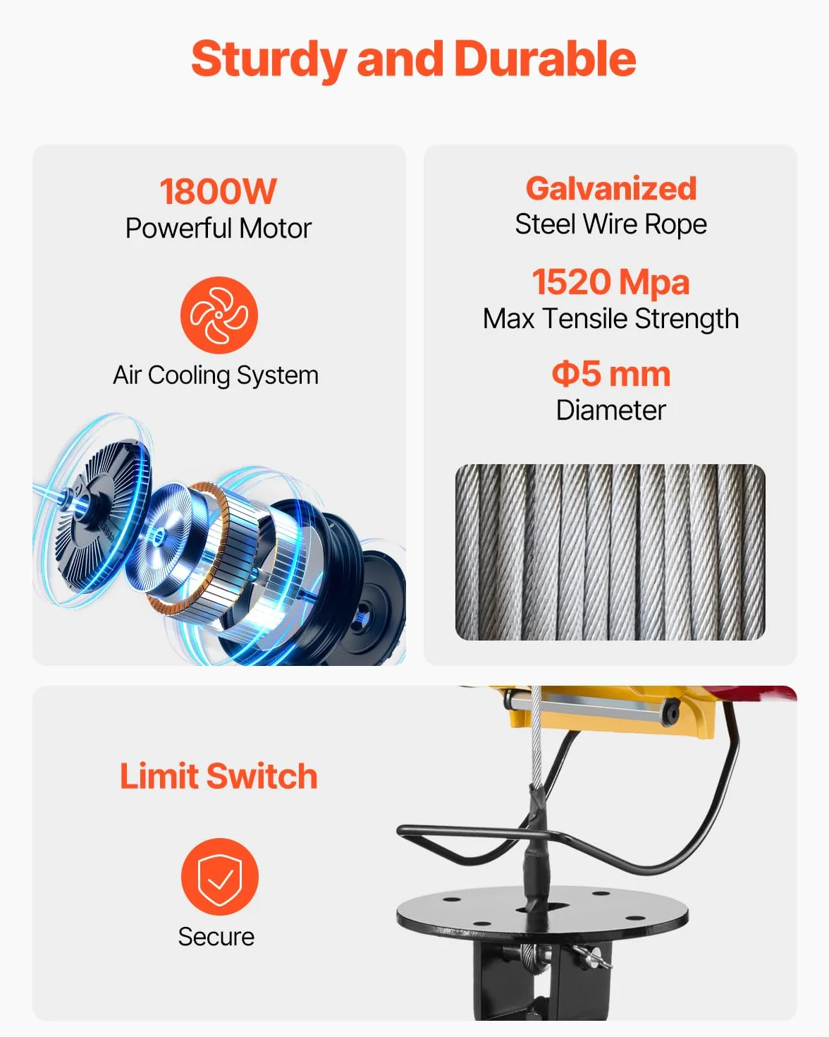 VEVOR Elektryczna wciągarka podnosząca 2 w 1, pojemność 500 kg, 1800 W, przenośna wciągarka o wysokości podnoszenia 30 m, 11 m/min, z przewodowym i bezprzewodowym pilotem zdalnego sterowania, do