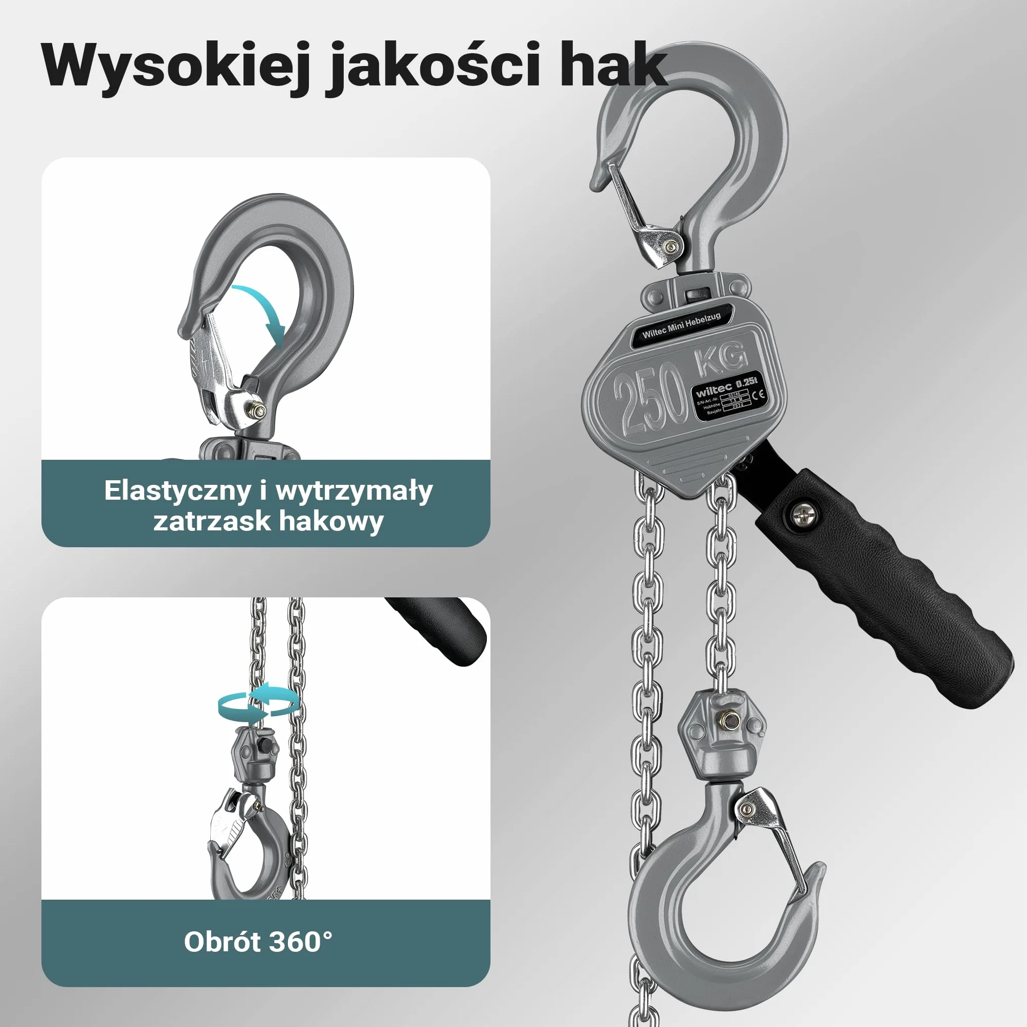 Wiltec Mini wciągnik ręczny dźwigniowy o nośności do 250 kg i wysokości podnoszenia 1,5 m, z obudową aluminiową i łańcuchem G100