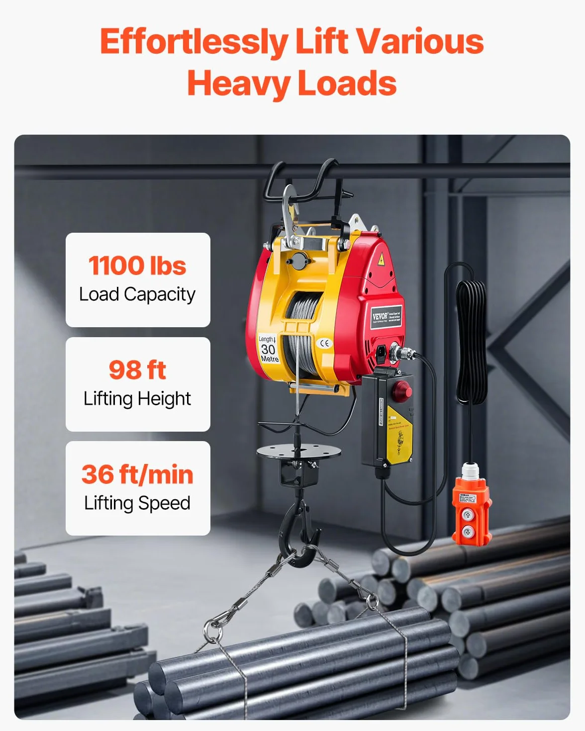 VEVOR Elektryczna wciągarka podnosząca 2 w 1, pojemność 500 kg, 1800 W, przenośna wciągarka o wysokości podnoszenia 30 m, 11 m/min, z przewodowym i bezprzewodowym pilotem zdalnego sterowania, do