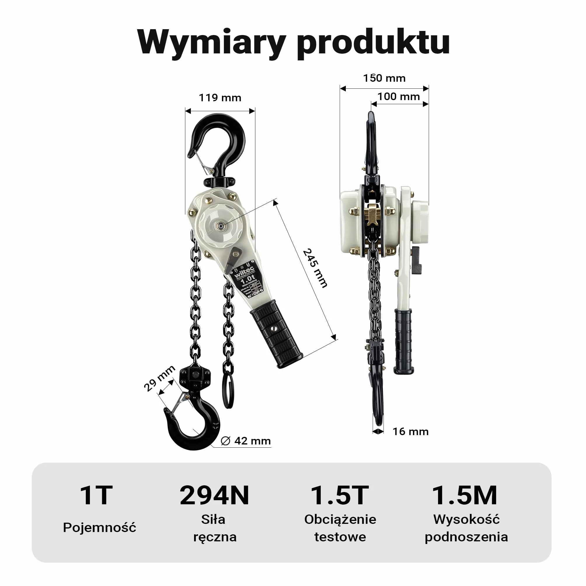 Wiltec Wciągnik dźwigniowy 1 t x 1,5 m, wyciągarka z obrotowym uchwytem 360° idealny do małych przestrzeni