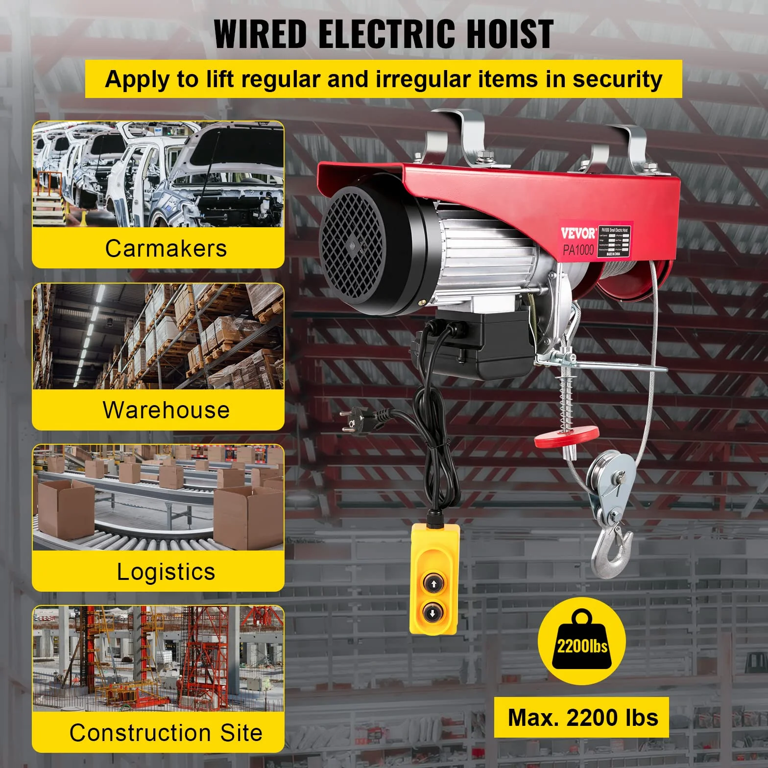 VEVOR Wciągarka elektryczna 500 kg do 1000 kg, wysokość podnoszenia 12 m, wciąganie liny, wciągarka silnikowa, wciąganie butelek, dźwignia liny, elektryczny wciągnik łańcuchowy z pilotem zdalnego sterowania na kabel