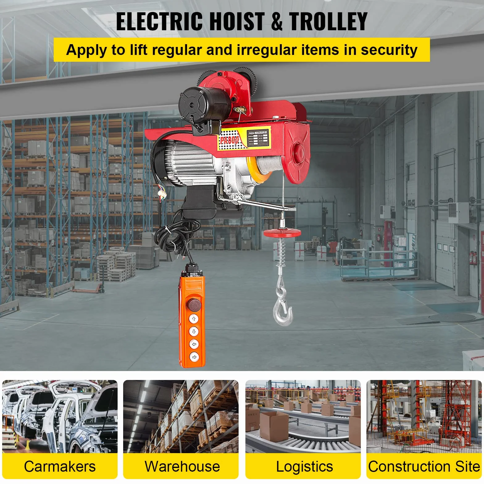 VEVOR Elektryczny wciągarka łańcuchowa, 1300 W, elektryczny wciągarka do butelek, pojemność 800 kg, podwójny kabel, wciągarka łańcuchowa ze stali, obciążenie znamionowe 1 T, wciągarka linowa do fabryk