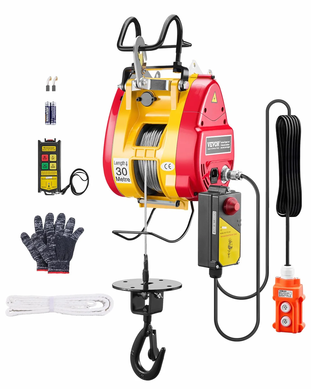 VEVOR Elektryczna wciągarka podnosząca 2 w 1, pojemność 500 kg, 1800 W, przenośna wciągarka o wysokości podnoszenia 30 m, 11 m/min, z przewodowym i bezprzewodowym pilotem zdalnego sterowania, do