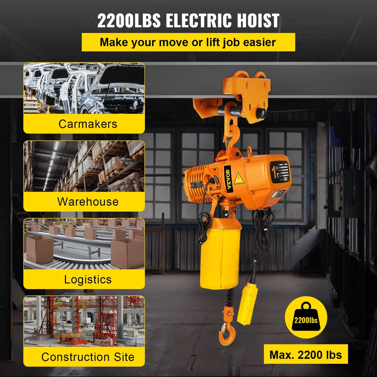 VEVOR Elektryczny wciągarka łańcuchowa, udźwig 1 T, wysokość podnoszenia 4 m, wciągarka linowa, 1-fazowa elektryczna wciągarka z łańcuchem G80, pilot zdalnego sterowania kablem 3,3 m, idealny do