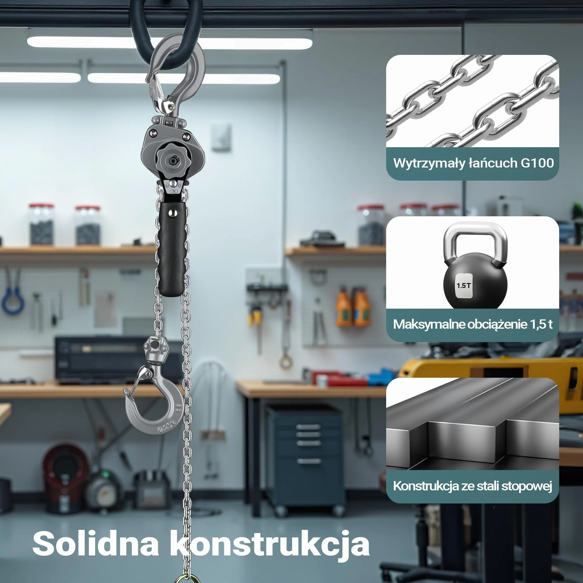Wiltec Mini wciągnik ręczny dźwigniowy o nośności do 1500 kg i wysokości podnoszenia 1,5 m, z obudową aluminiową i łańcuchem G100