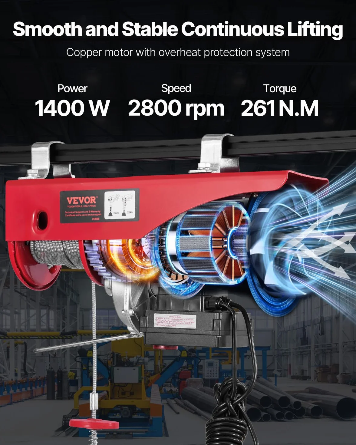 VEVOR Elektryczny podwójny wciągnik elektryczny o maksymalnej ładowności 1000 kg, pilot zdalnego sterowania 4,2 m, pojedynczy kabel podnoszący 12 m, podnośnik awaryjny, podnośnik do garażu, magazynu,