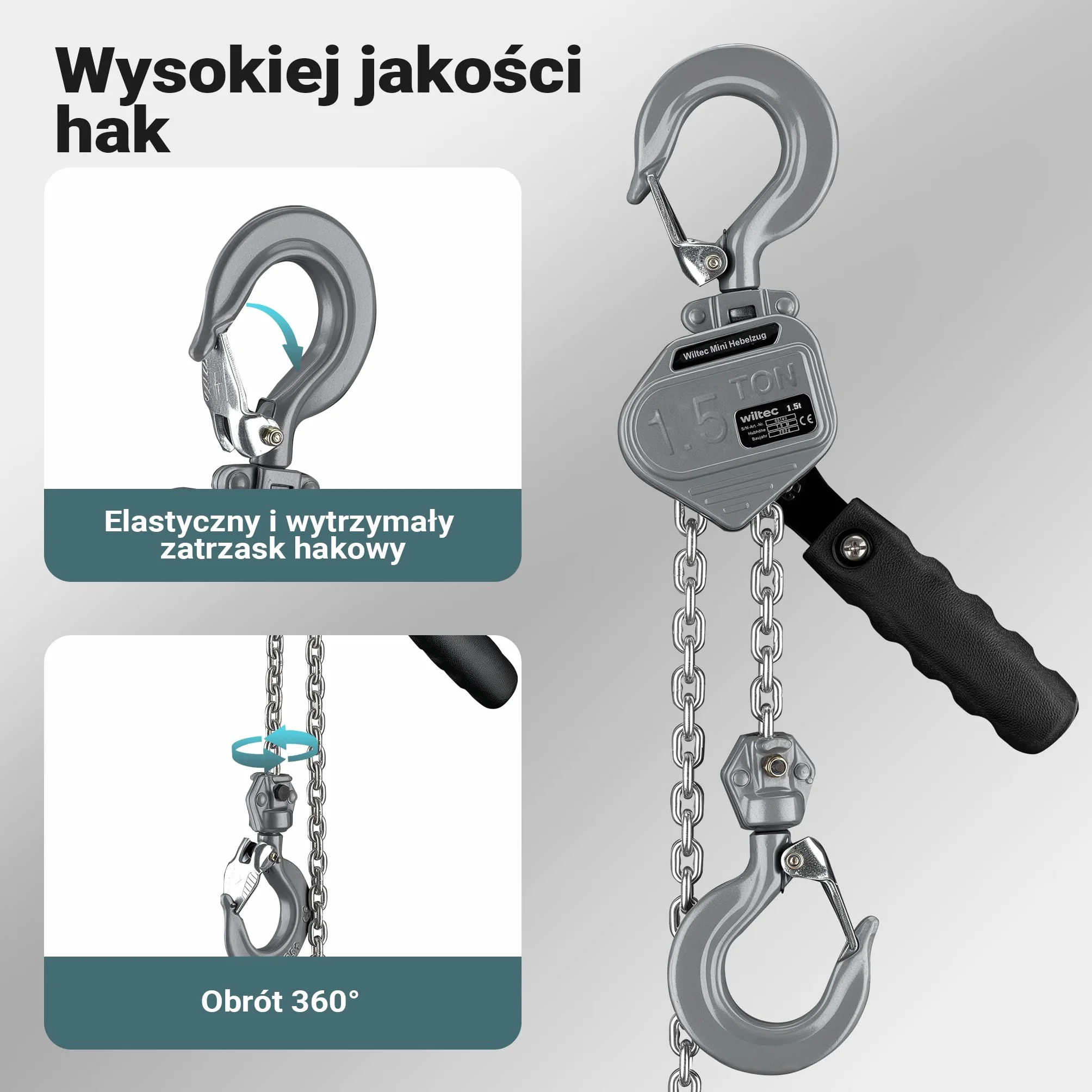 Wiltec Mini wciągnik ręczny dźwigniowy o nośności do 1500 kg i wysokości podnoszenia 1,5 m, z obudową aluminiową i łańcuchem G100