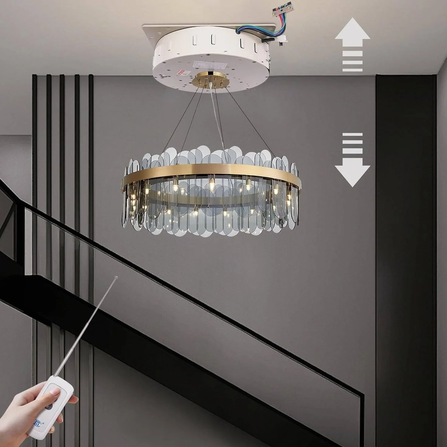 System Podnoszenia żyrandola, 5 M/6 M, Elektryczny Podnośnik Do żyrandola 2 W 1, Podnośnik Do Lamp Wiszących Villas Z Pilotem I Przełącznikiem ściennym Do Czyszczenia Lamp 110LBS