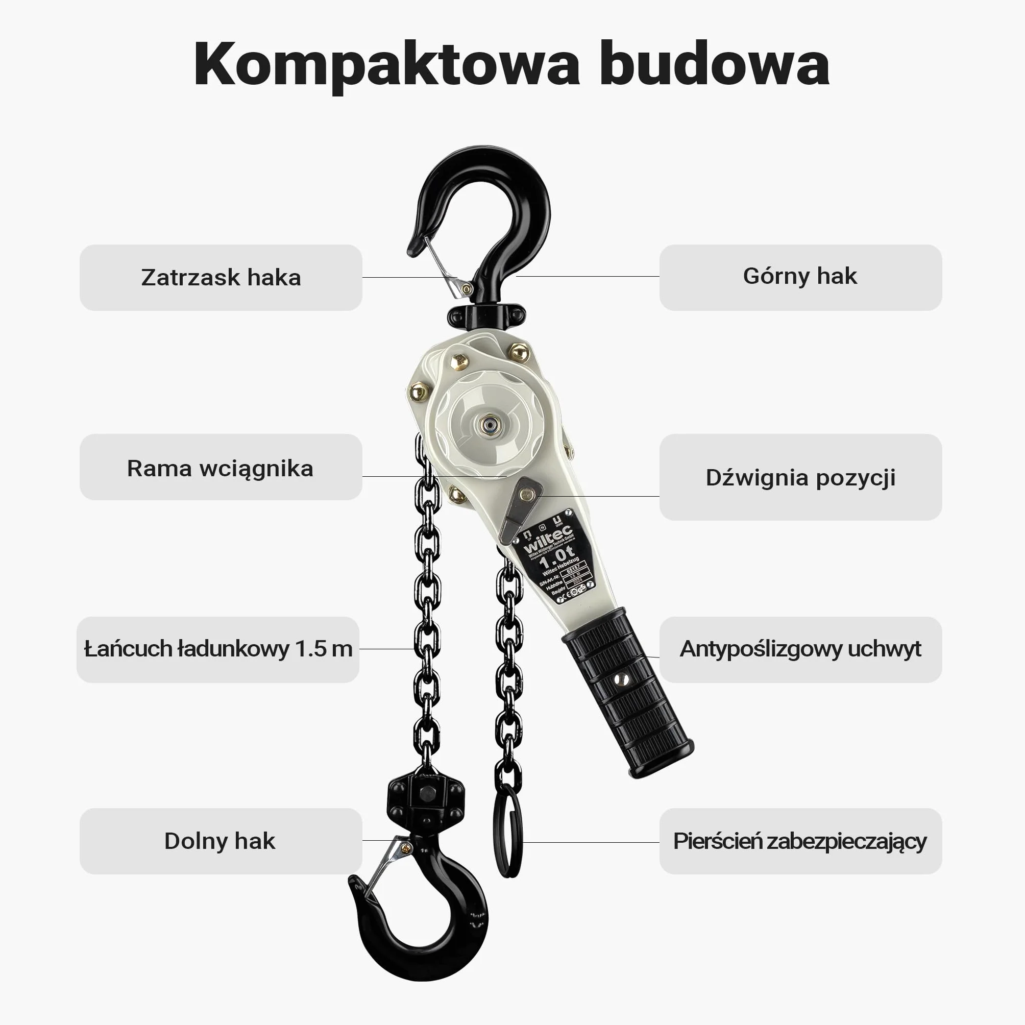 Wiltec Wciągnik dźwigniowy 1 t x 1,5 m, wyciągarka z obrotowym uchwytem 360° idealny do małych przestrzeni