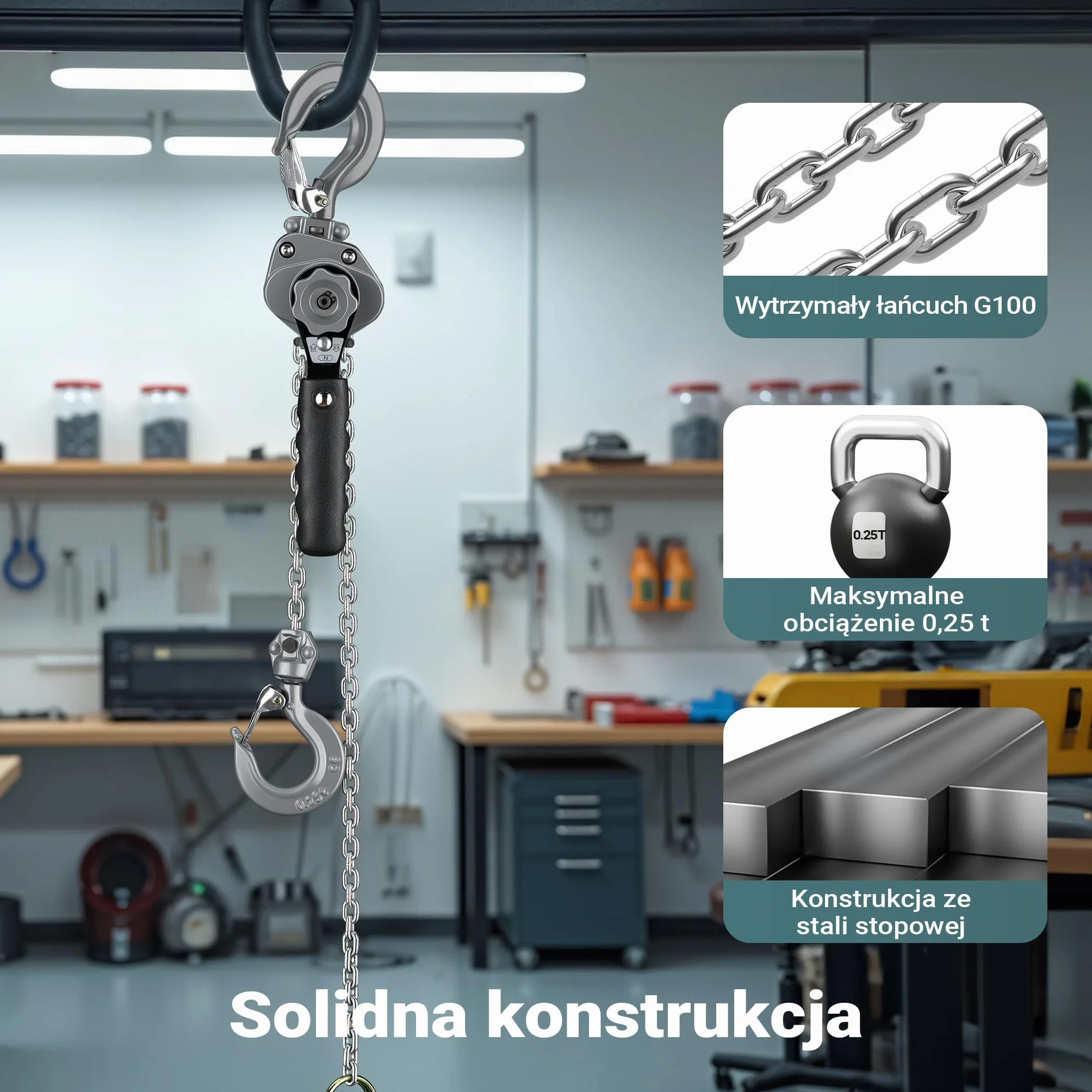 Wiltec Mini wciągnik ręczny dźwigniowy o nośności do 250 kg i wysokości podnoszenia 1,5 m, z obudową aluminiową i łańcuchem G100