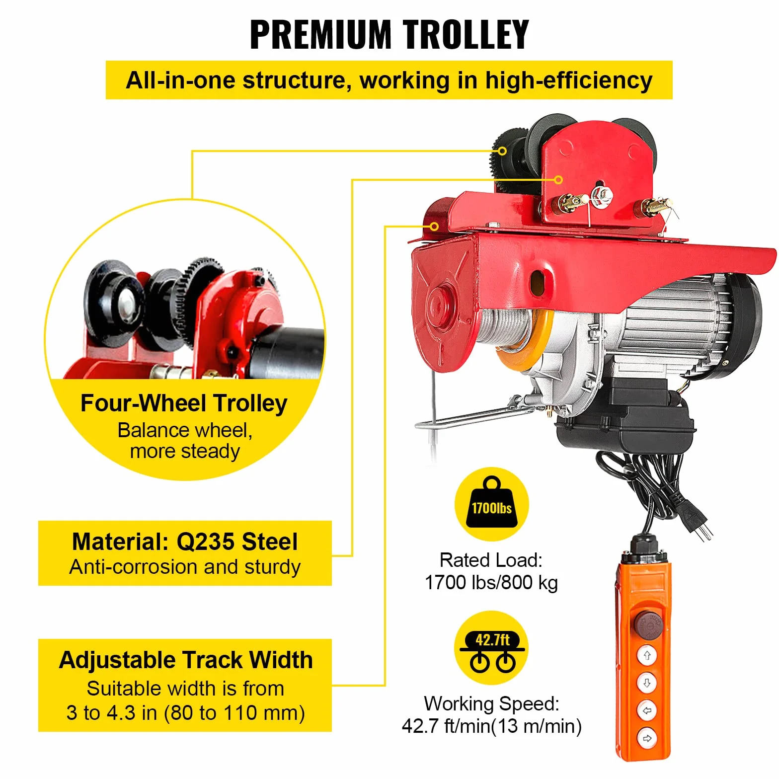 VEVOR Elektryczny wciągarka łańcuchowa, 1300 W, elektryczny wciągarka do butelek, pojemność 800 kg, podwójny kabel, wciągarka łańcuchowa ze stali, obciążenie znamionowe 1 T, wciągarka linowa do fabryk