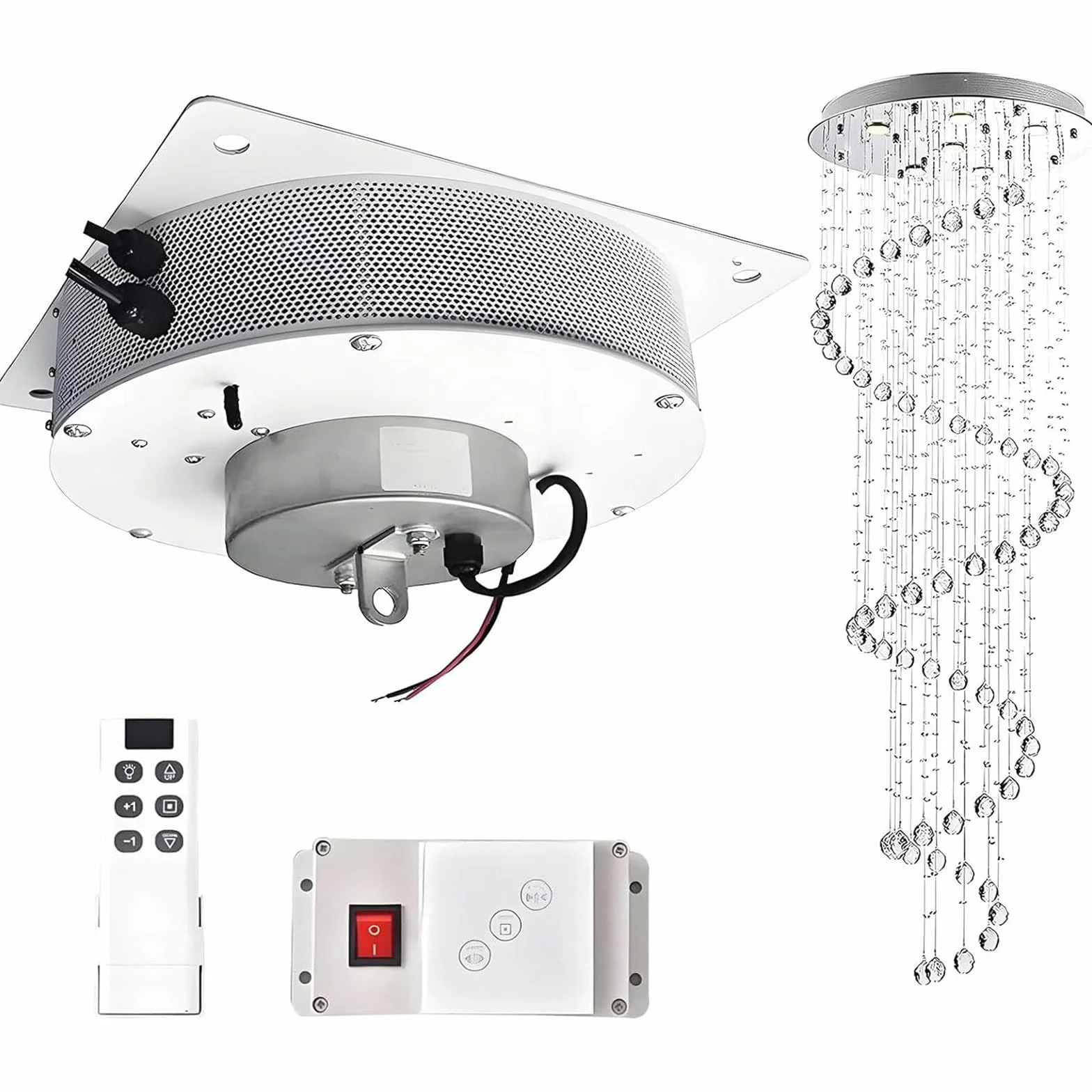Podnośnik żyrandola 2 w 1, podnośnik lamp wiszących, podnośnik żyrandola, elektryczny podnośnik żyrandola, z pilotem i przełącznikiem ściennym, odpowiedni do hoteli i salonów 70KG