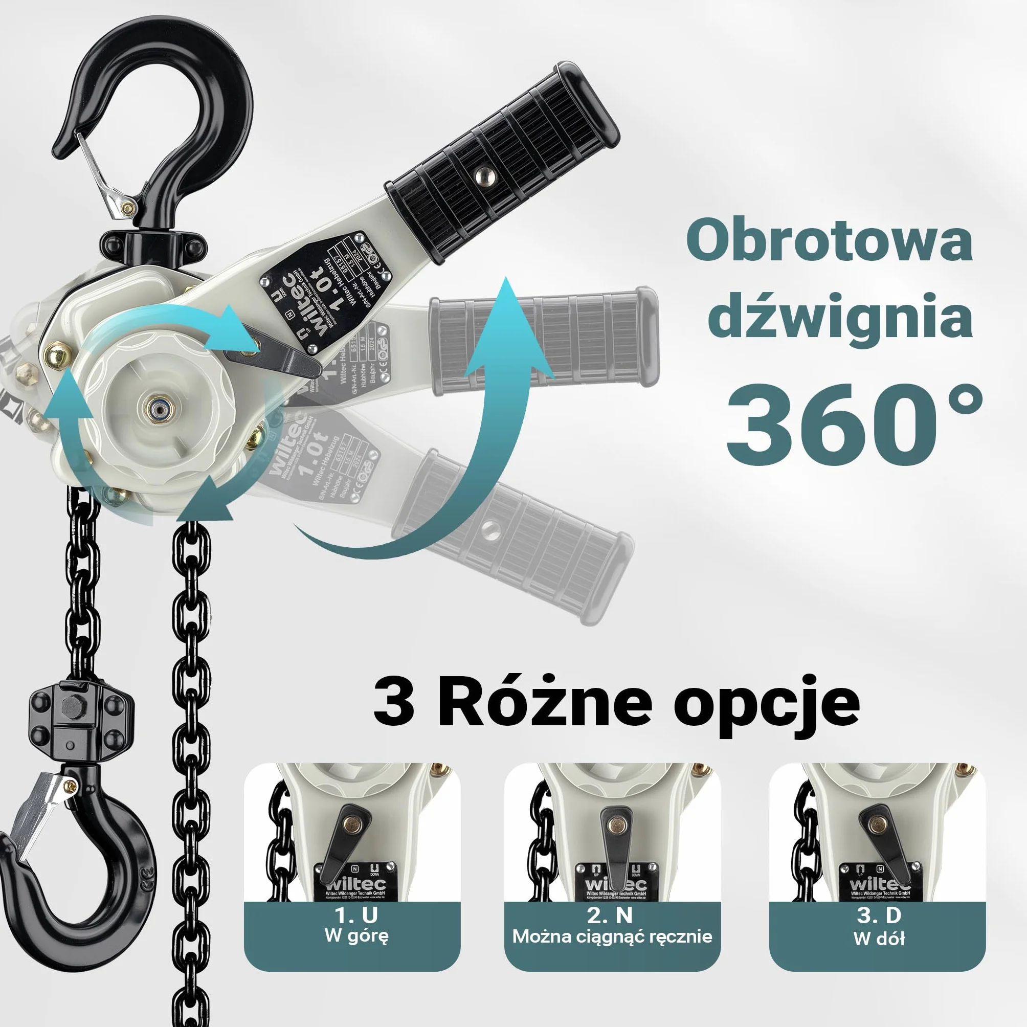 Wiltec Wciągnik dźwigniowy 1 t x 1,5 m, wyciągarka z obrotowym uchwytem 360° idealny do małych przestrzeni