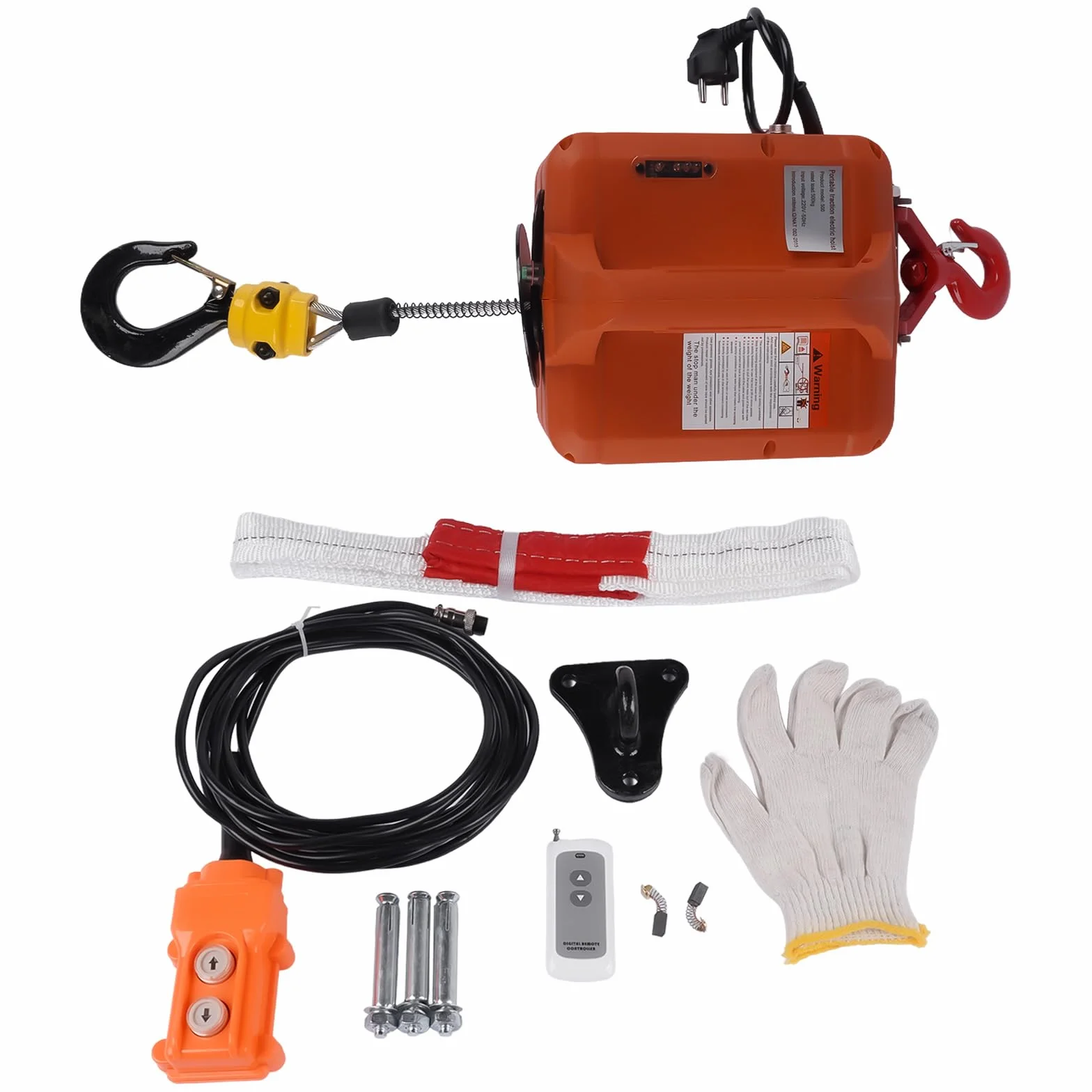 Elektryczna wciągarka linowa 500 kg, przenośna, 1500 W, z bezprzewodowym pilotem zdalnego sterowania, maksymalna wysokość podnoszenia 7,6 m, 5 m/min, 230 V (pomarańczowa + czarna) Hopzty