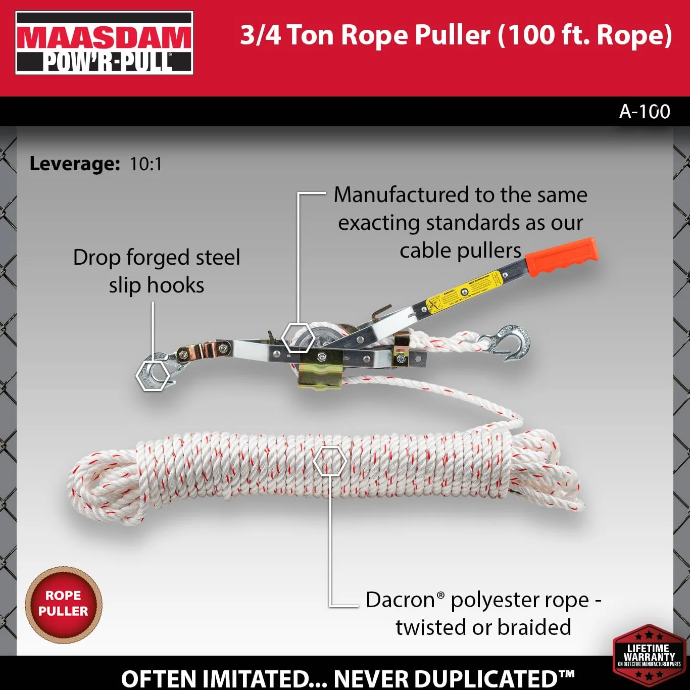 Maasdam Pow'R Pull A-100 3/4 Ton Capacitty Rope Puller with 100' of 1/2" dia. Rope