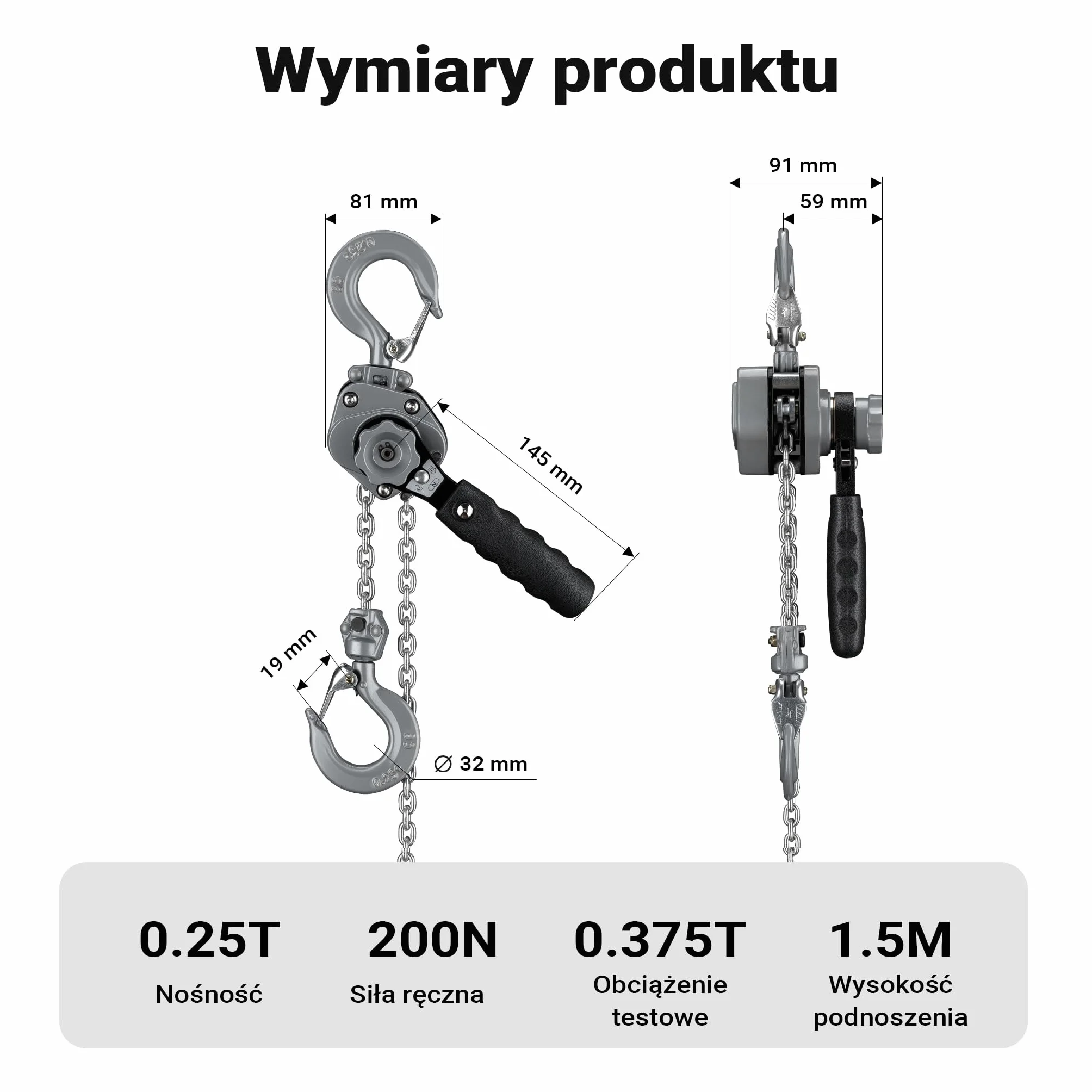 Wiltec Mini wciągnik ręczny dźwigniowy o nośności do 250 kg i wysokości podnoszenia 1,5 m, z obudową aluminiową i łańcuchem G100