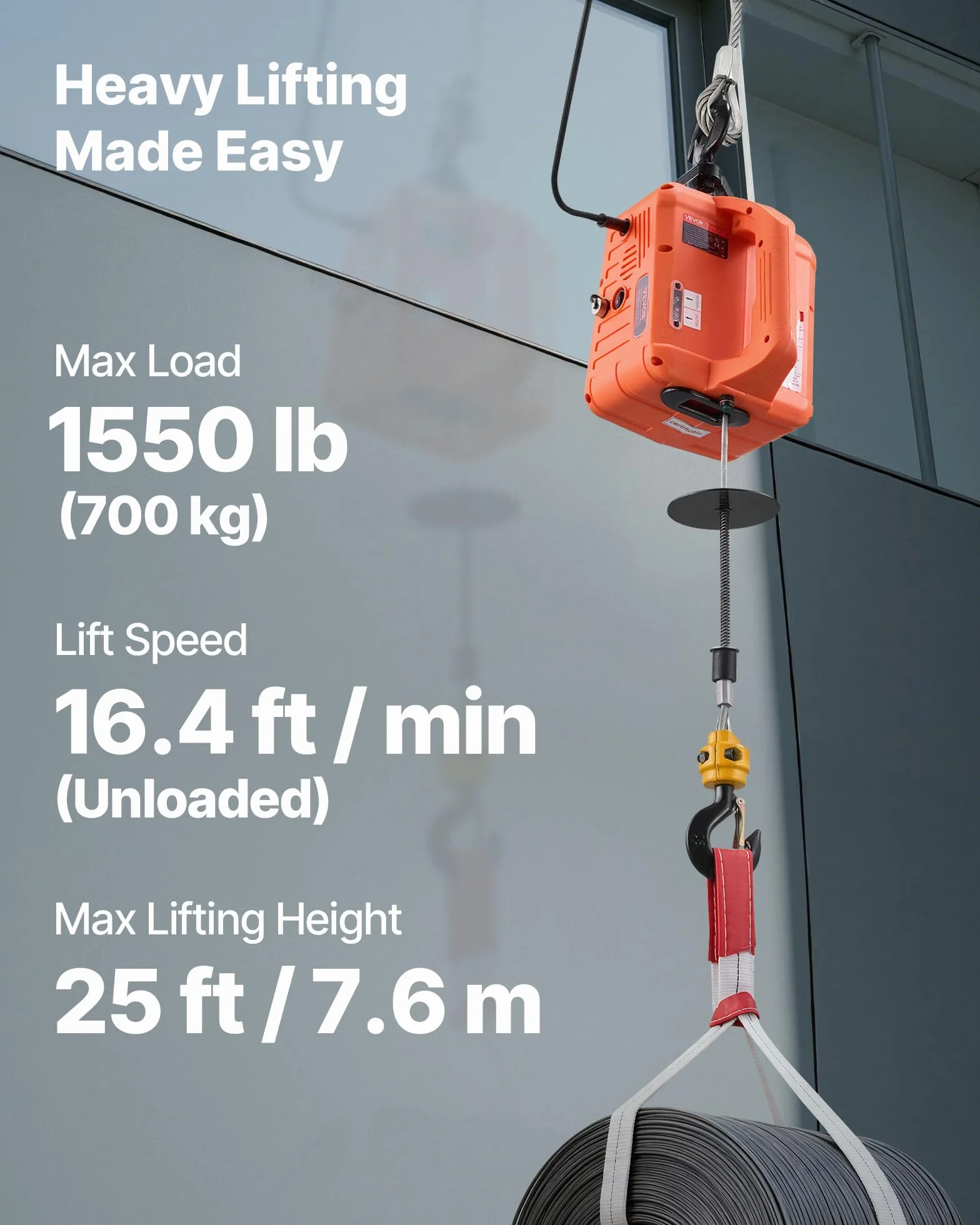 VEVOR Elektryczna wciągarka podnosząca udźwig 700 kg, przenośny wciągnik elektryczny 1500 W, wysokość podnoszenia 7,6 m 5 m/min z pilotem ręcznym